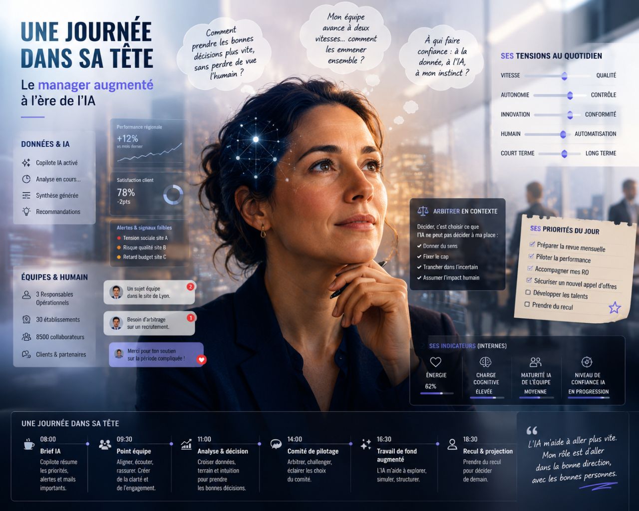 Une journée dans la tête d'un manager augmenté : tableau de bord IA, tensions managériales, priorités du jour et indicateurs internes en 2026